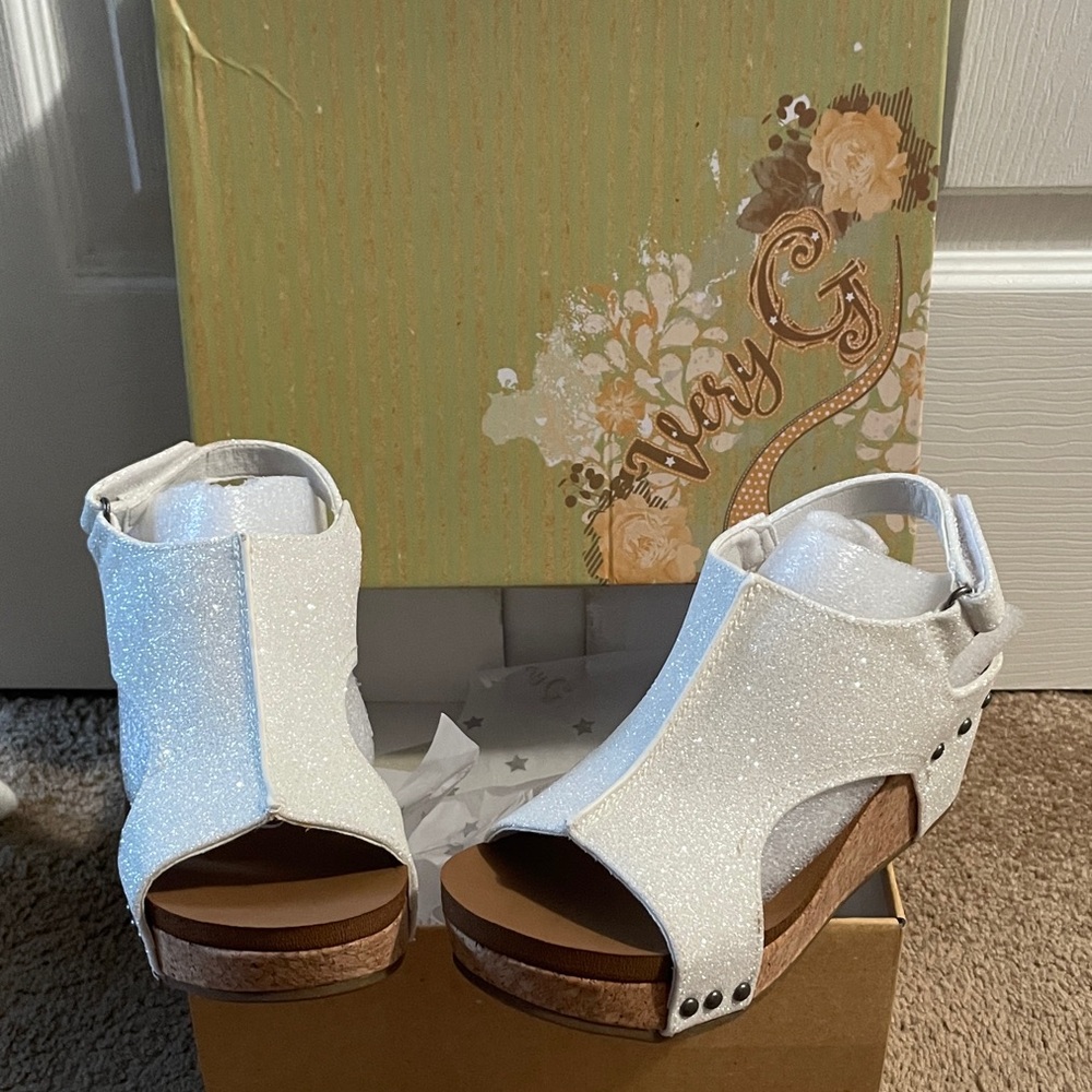 White Glitter Wedge Sandals